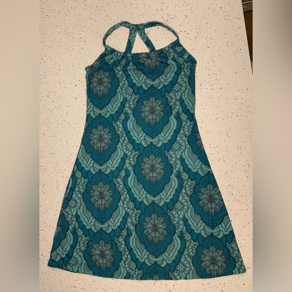Prana Size S Women Teal Paisley Stretch Halter Neck Midi Athletic Slim Dress - Picture 9 of 9